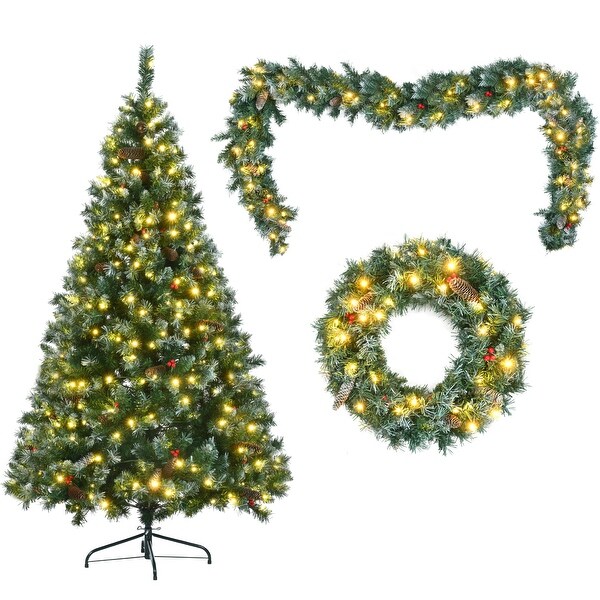 6FT Dark Green Pine Christmas Tree，PreLit Set with White Tips，Red Berries and Pine Cones，11 Colorful Modes