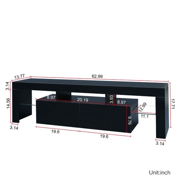 63''L Matt Laminate Finish TV Stand Cabinet with 2 Soft-Open Front Storage Doors， 20 Colors LEDandRemote Control (up to 70'')