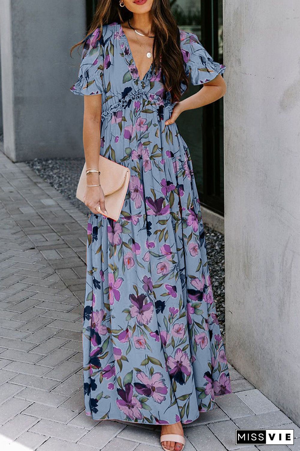 Sweet Elegant Floral Patchwork V Neck Waist Skirt Dresses