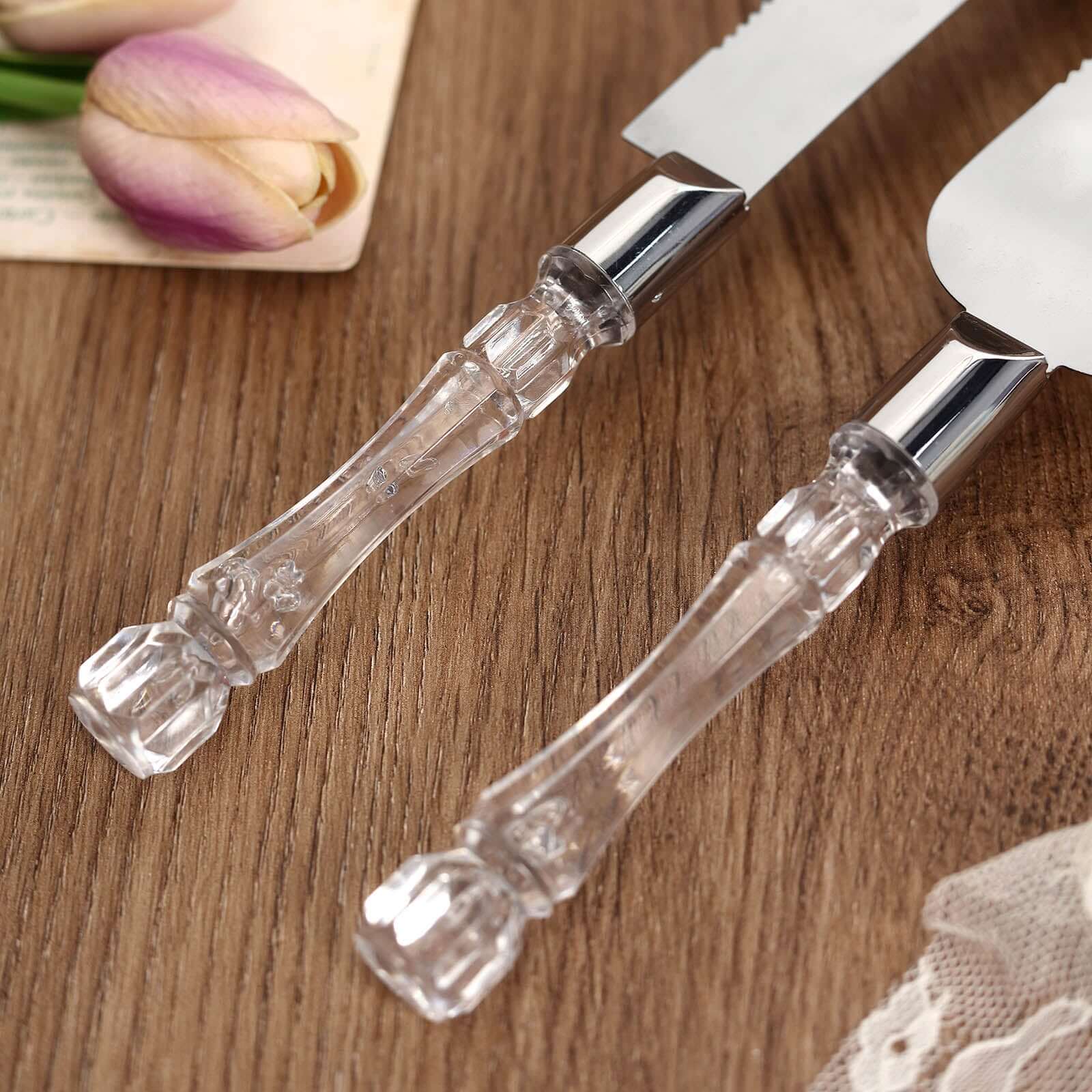 2 Set Stainless Steel Knife and Server Party Favors Set With Clear Acrylic Handle Free Gift Box 10