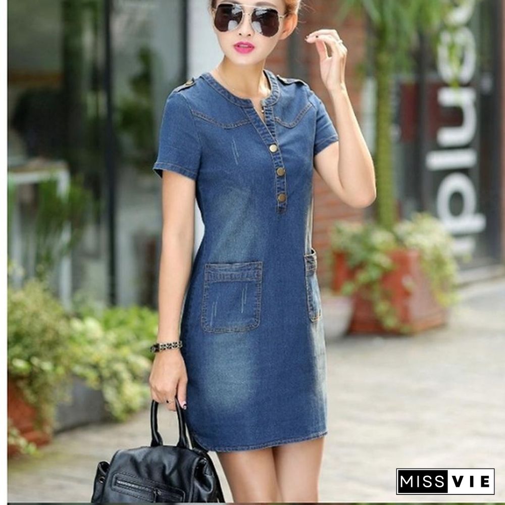 New fashion Summer Style Plus Size A Line Denim Dress Women V-neck Short Sleeve Slim Casual Office Denim Jeans Dress Vestidos Robe