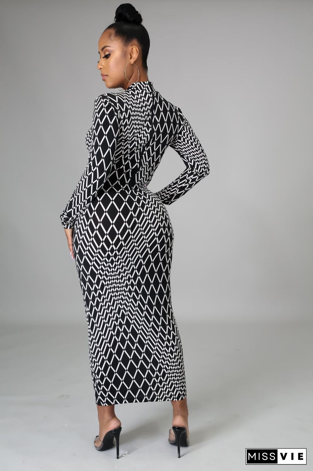 Autumn Fashion Women Printed Long Sleeve Round Neck Zipper Bodycon Sexy Club Party Maxi Dress