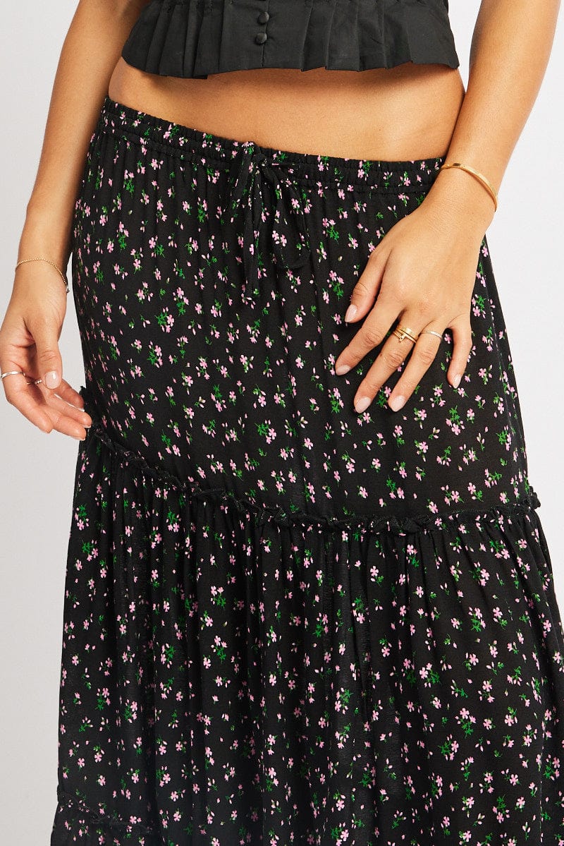 Black Ditsy Maxi Skirt Tiered High Rise Elastic Waistband