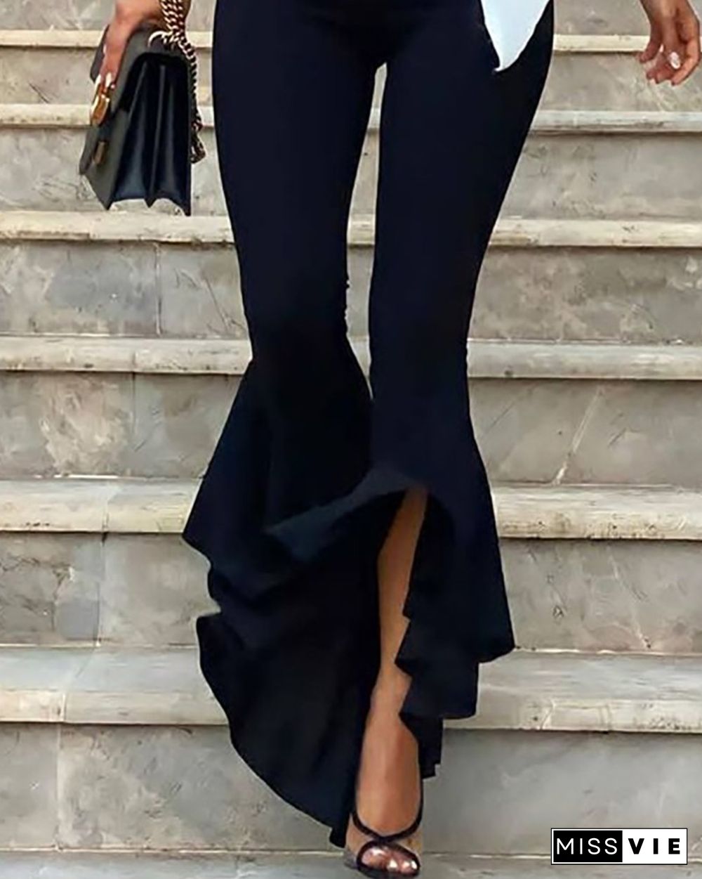 One Shoulder Tied Detail Top & Ruffles Slit Bootcut Pants Set