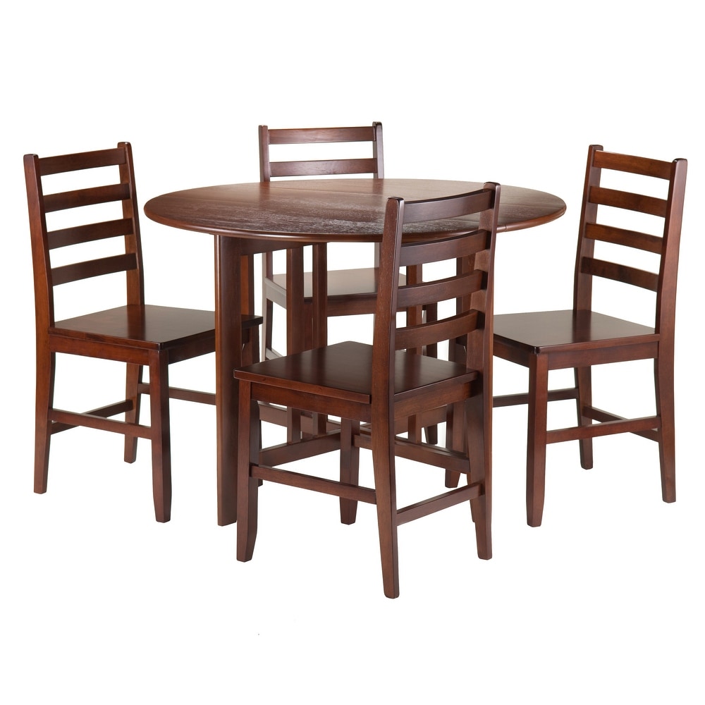 5 Pc Round Drop Leaf Table with Ladder back Chairs  Walnut