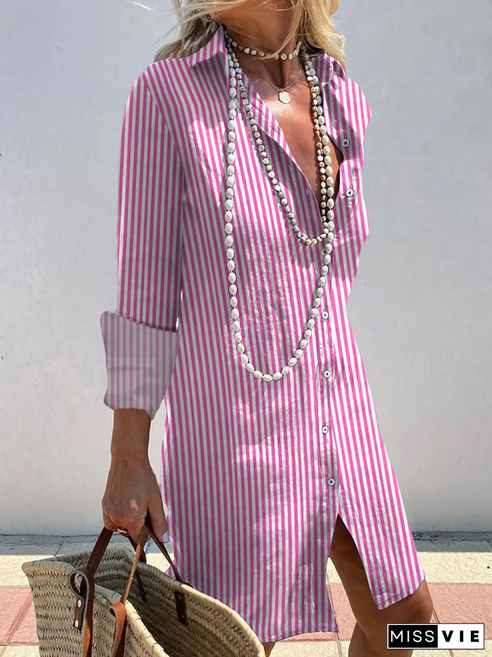 Women's Elegant Striped Print Shirt Dress