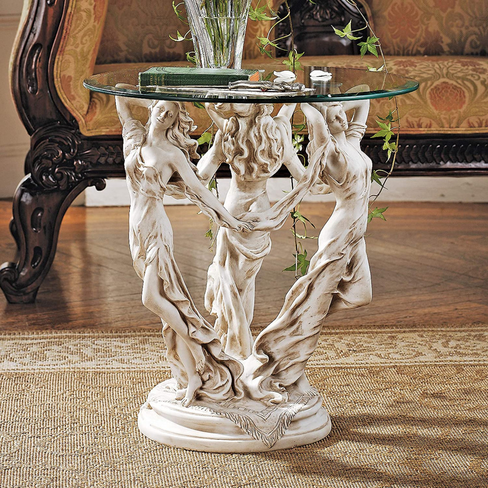 Classic End Table  Greek Muses Sculpture With Round Glass Top  Antique Stone   Farmhouse   Side Tables And End Tables   by Declusia  Houzz