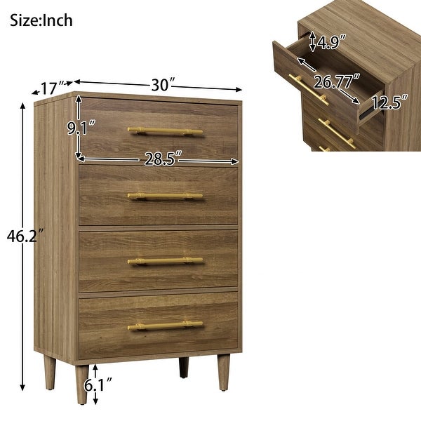 Modern 4 Drawers Dresser for Bedroom， Mid-Century Wood Chest of Drawers with Golden Handles， Storage Cabinet - as picture - - 37668417