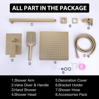 Tomfaucet 2-Spray Patterns 4.5 GPM 10 in. Wall Mount Dual Shower Heads Shower System with 3-Setting Hand Shower in Brushed Gold TFK0075BG