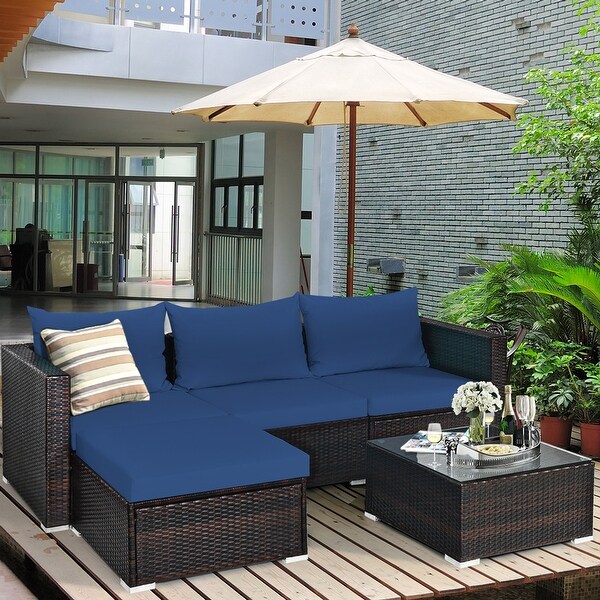 Gymax 5PCS Cushioned Rattan Patio Conversation Set w/ Ottoman Navy