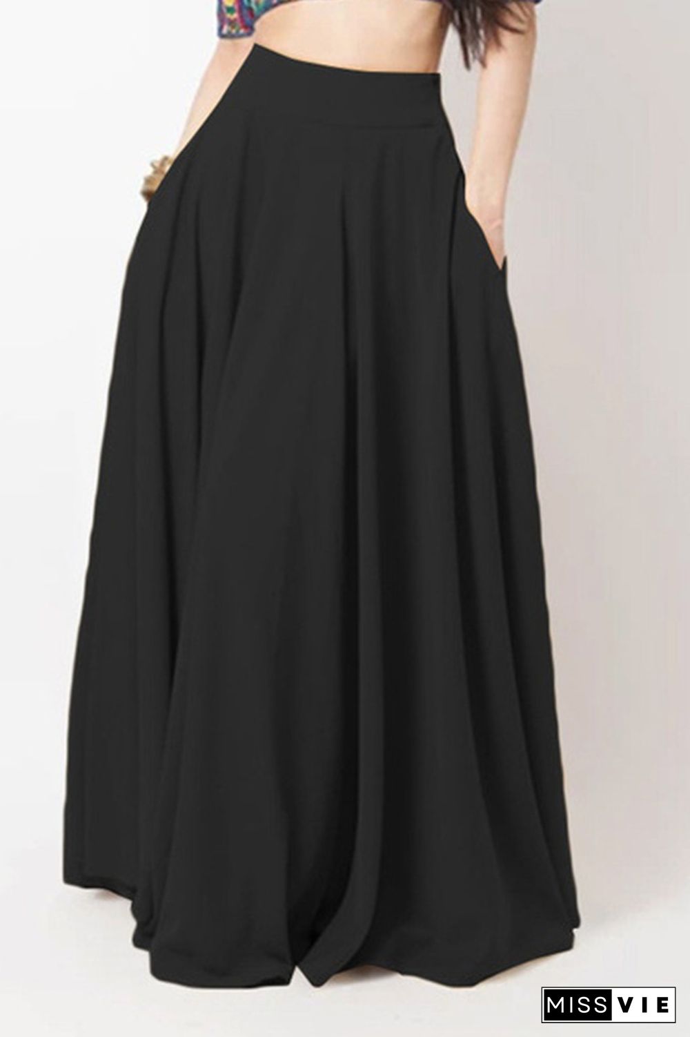 Plain High Waist Pockets Pleated Skirt