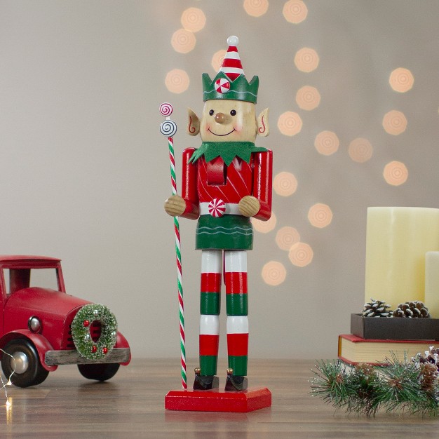 Red And Green Traditional Striped Elf Christmas Nutcracker