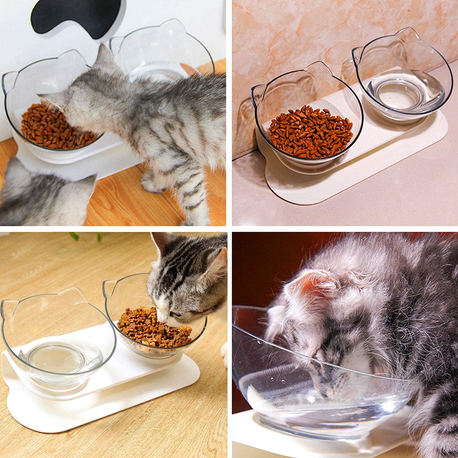 WELLXUNK® Cat Feeding Bowls, Cat Food Bowl With Raised Stand, 15°Tilted Anti-Slip Cat Bowl, Detachable, Non-Slip and Splash-Proof, For Food and Water Feeder, For Cats And Puppies (Transparent)