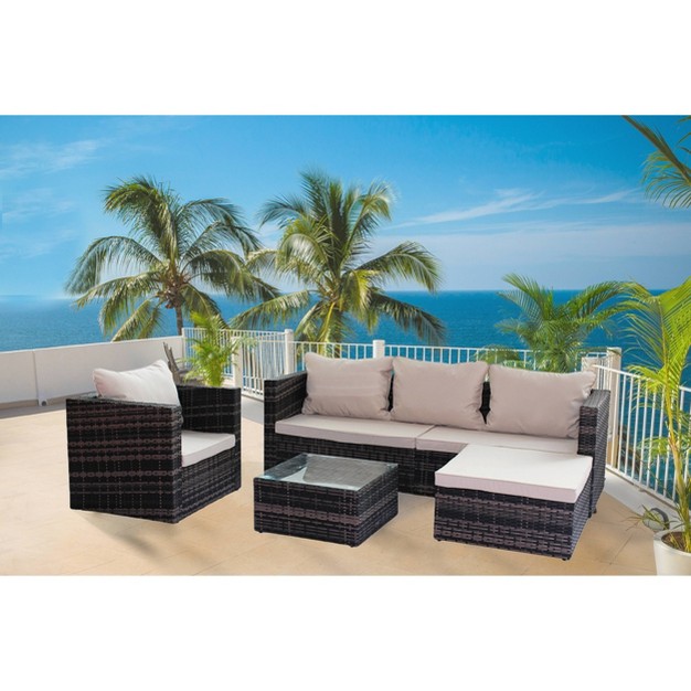 4pc Wicker Patio Sectional Seating Set With Sofa Arm Chair Ottoman amp Accent Table Brown beige Godeer