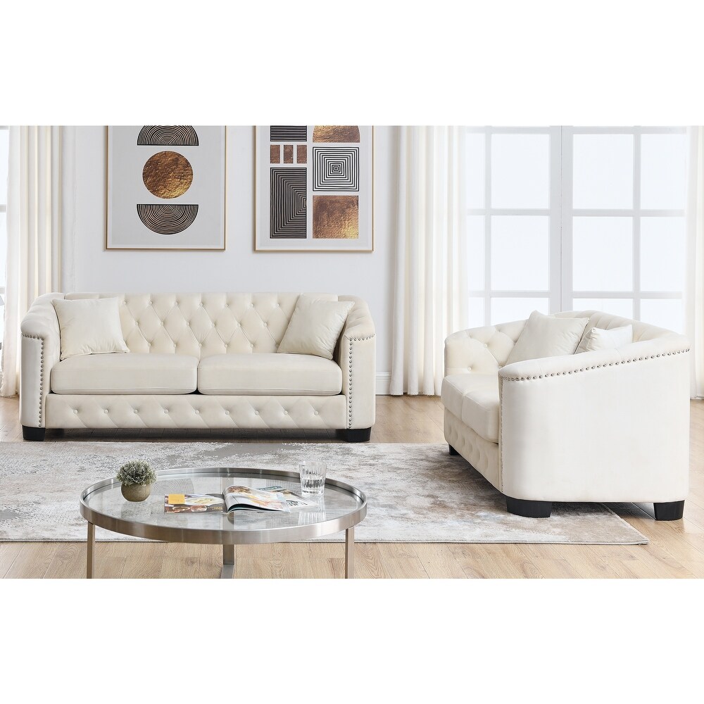 Beige Modern Velvet Sofa Set with Pillows (3 Seater + Loveseat)