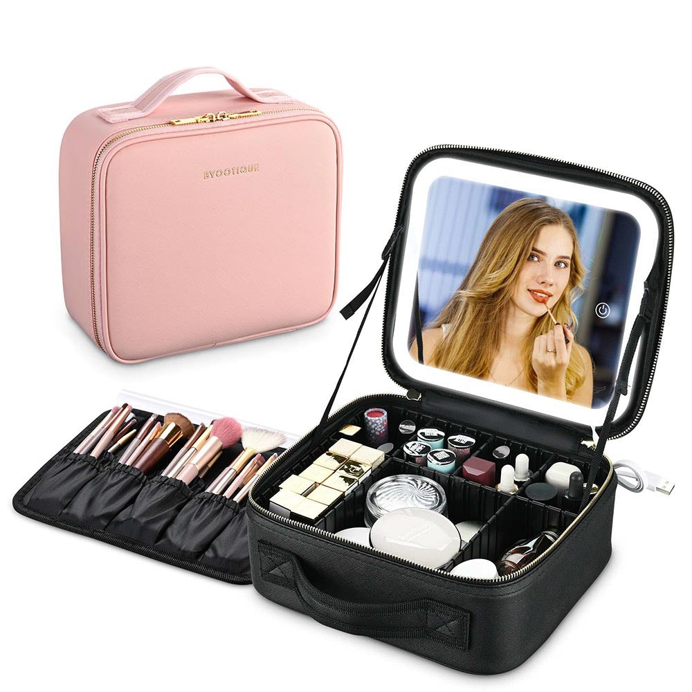 Yescom Small Lighted Makeup Case with Mirror Dividers Brush Holder