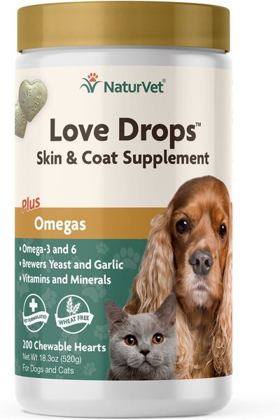 NaturVet Love Drops Plus Omegas Peanut Butter Flavored Chewable Tablets Skin and Coat Supplement for Cats and Dogs