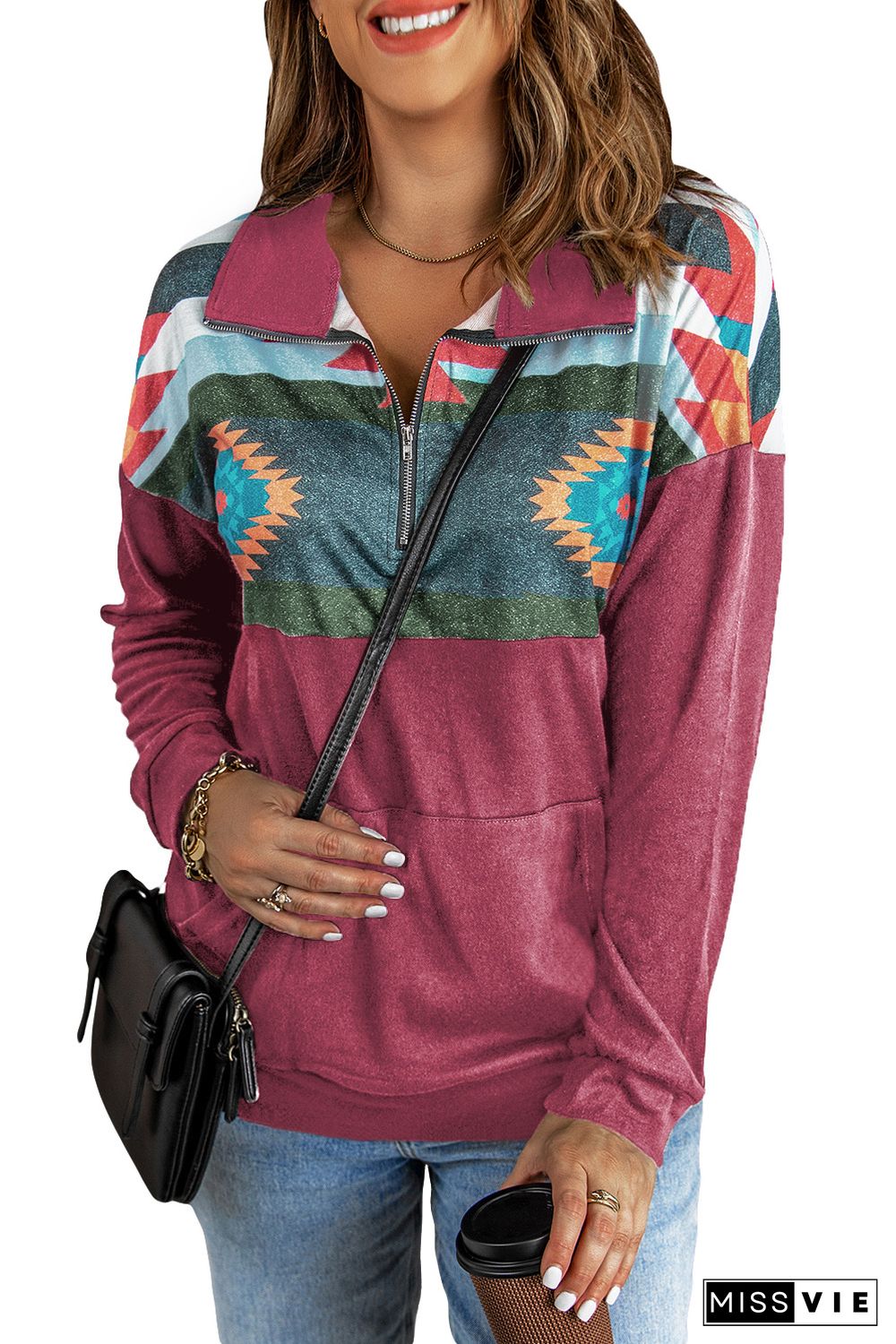 Aztec Print Atop Rosy Pullover Sweatshirt