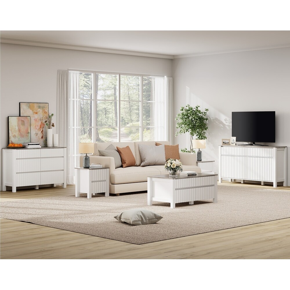 WAMPAT Living Room Table Sets of 4  1 Farmhouse TV Stand  1 Coffee Table with Storage  2 End Table with Charging Station