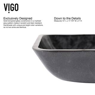 VIGO Glass Rectangular Vessel Bathroom Sink in Onyx Gray with Lexington Faucet and Pop-Up Drain in Matte Black VGT1416