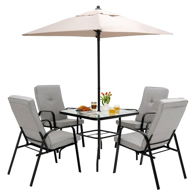 Costway 6pcs Patio Dining Set Stackable Chairs Cushioned Glass Table W umbrella