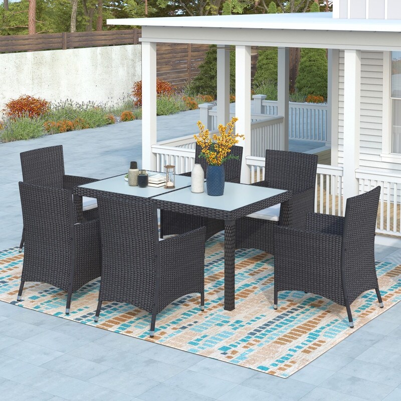 7Pcs Outdoor Wicker Dining Set with Beige Cushion