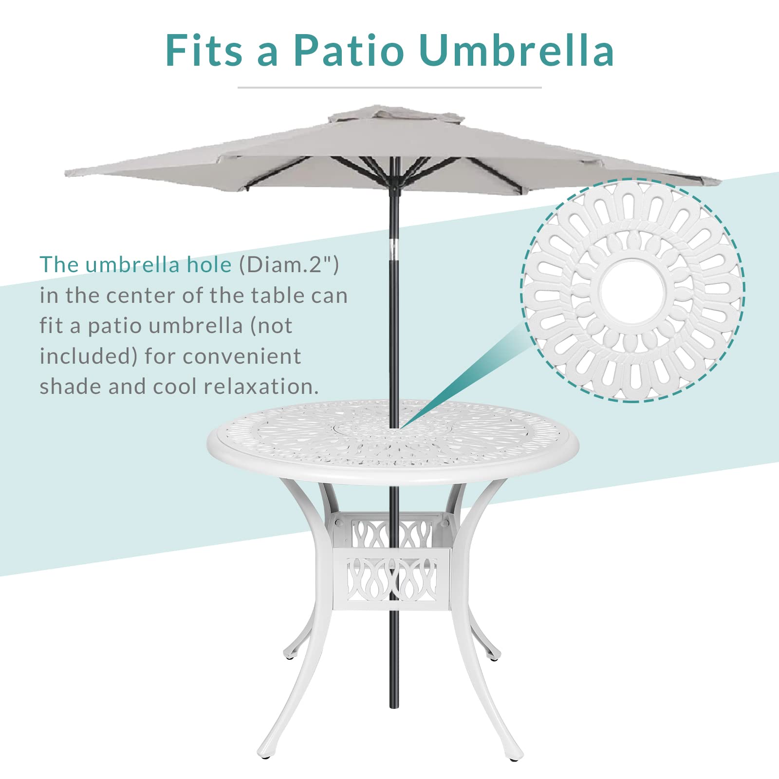 MEETWARM 35.4" Round Patio Dinning Table, Outdoor Cast Aluminum Dinning Table with 2" Umbrella Hole, White