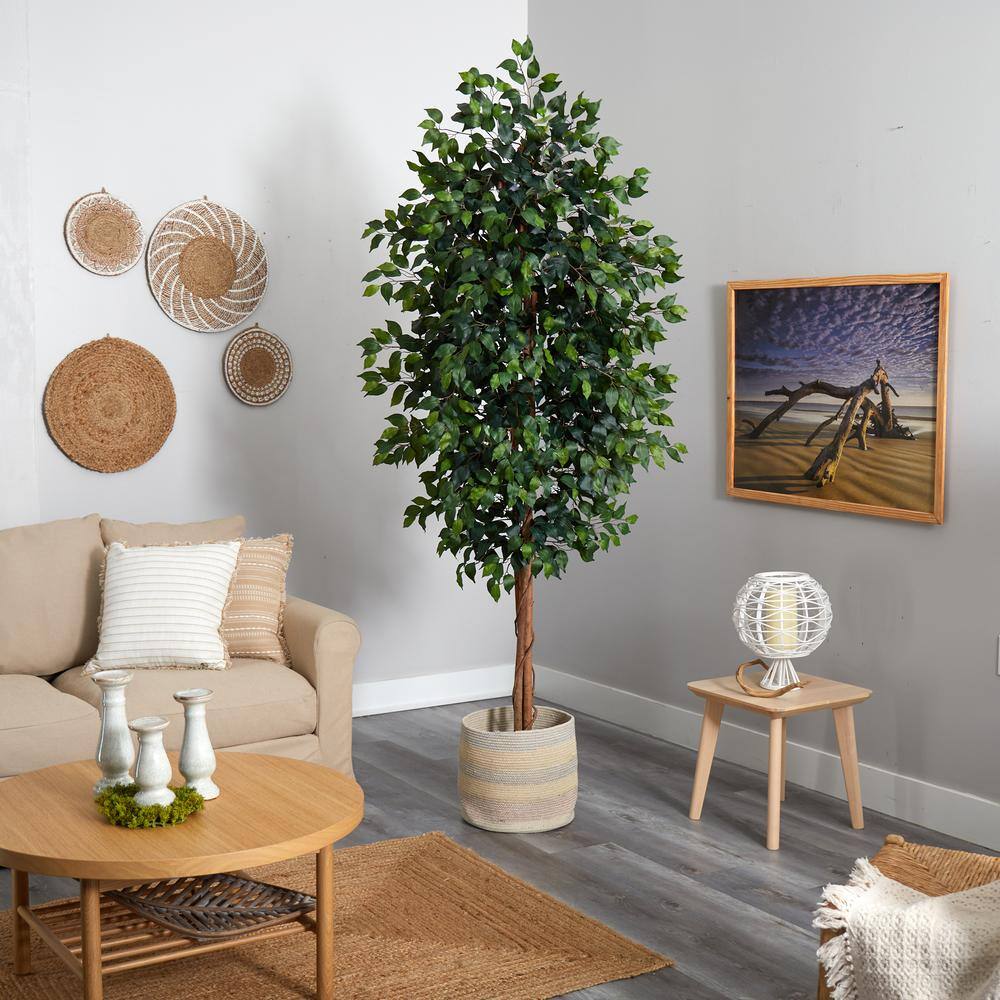 Nearly Natural 8 ft. Green Ficus Artificial Tree with Handmade Natural Cotton Multicolored Woven Planter T2904