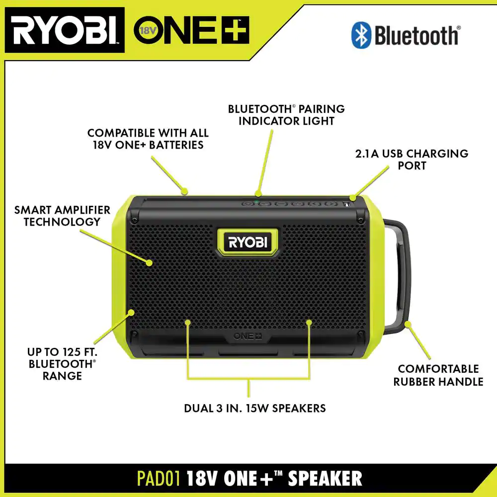 RYOBI PAD01B-RYi150BG ONE+ 18V Cordless 2-Tool Combo Kit with Bluetooth Speaker and 150-Watt Power Inverter (Tools Only)