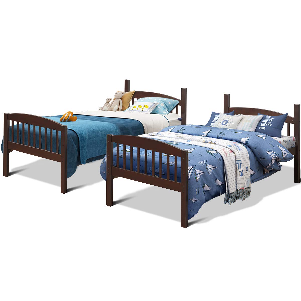 Costzon Twin Over Twin Bunk Beds, Convertible Into Two Individual Solid Rubberwood Beds (Espresso)