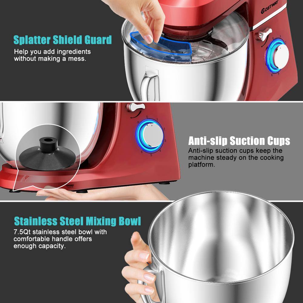 Costway 660W 7.5 qt. . 6-Speed Red Stainless Steel Stand Mixer with Dough Hook Beater EP24647RE