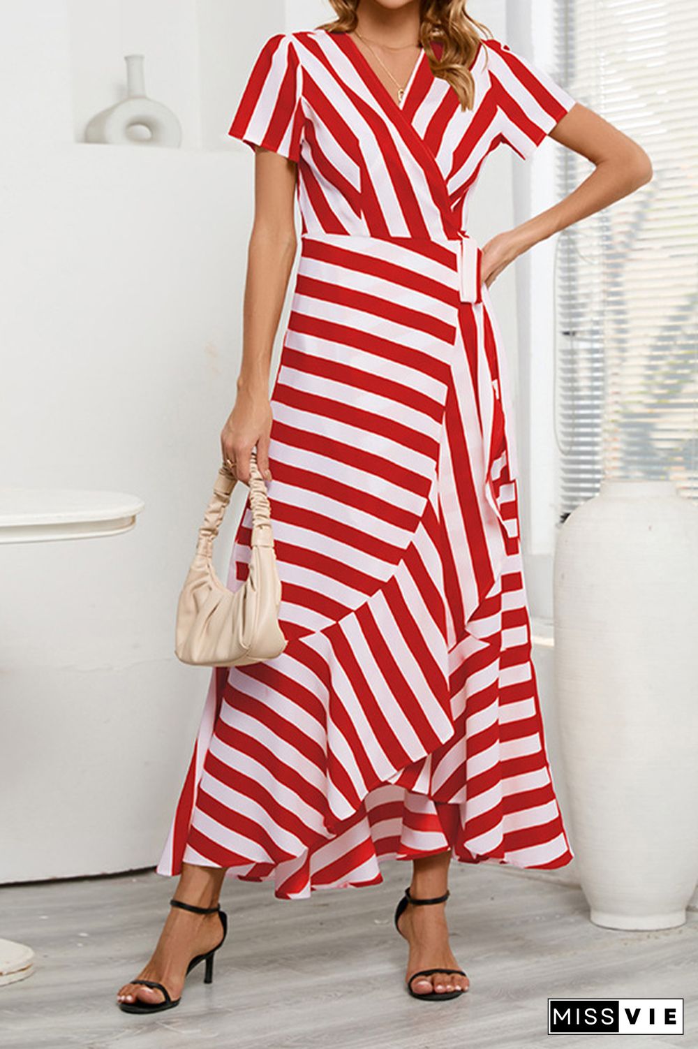 Stripes Splicing Irregular Ruffle Maxi Dress