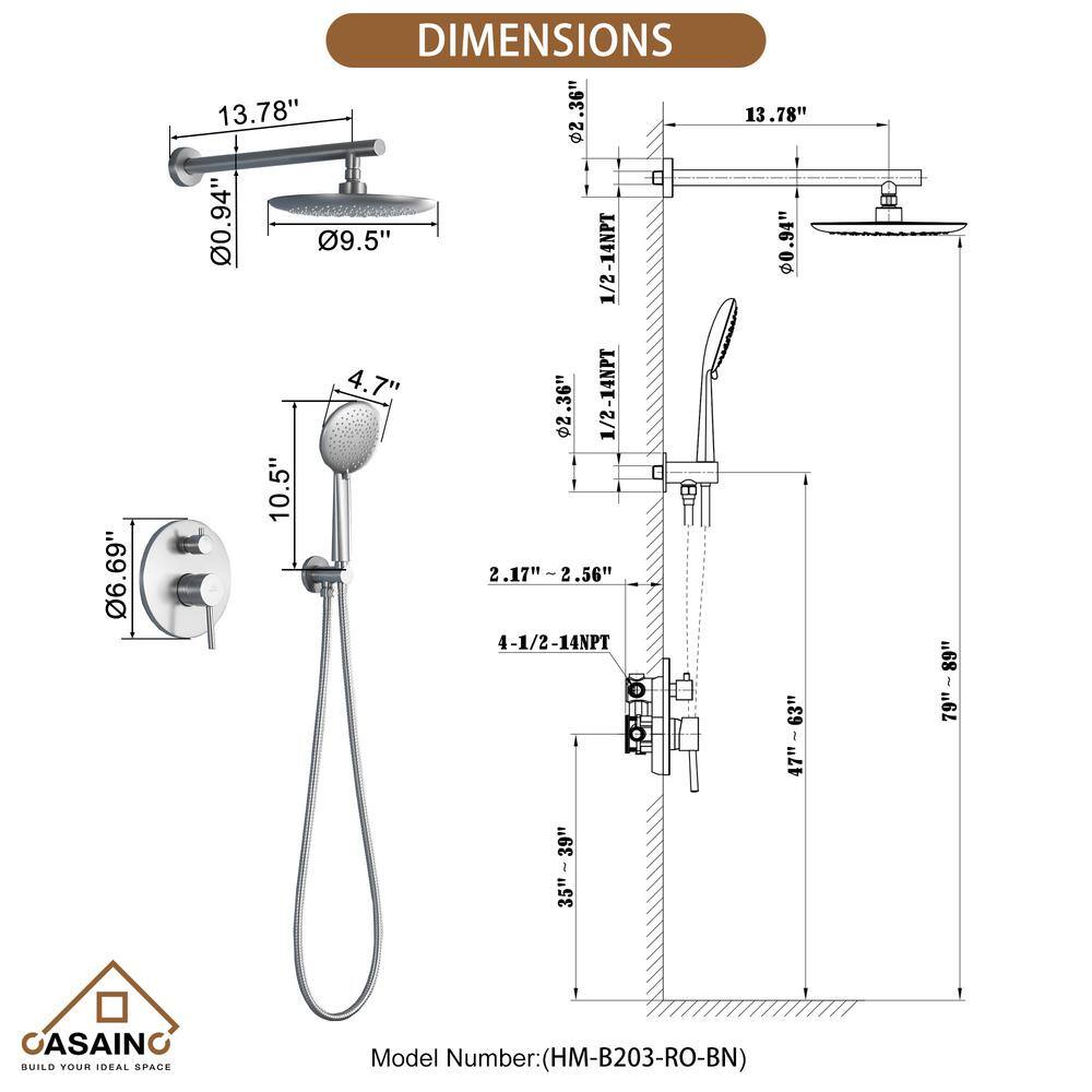 CASAINC 5-Spray Patterns 9.5 in. Wall Mount Dual Shower Heads in Spot Resist Brushed Nickel HM-B203-RO-BN