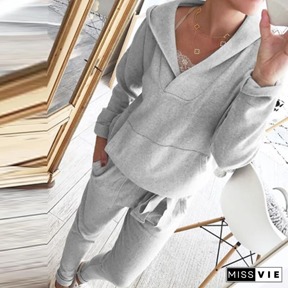 Elegant V Neck Long Sleeve Hoodie And Long Pants Suits Casual Simple Loose Two Piece Sets Women Fashion Sportswear Solid Outfits