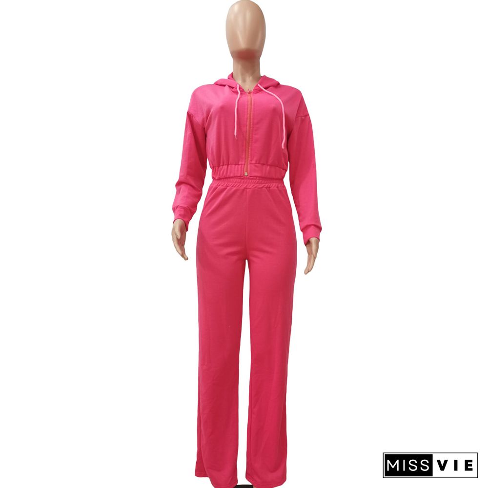 Solid Color Hooded Crop Top Wide Leg Pants Tracksuit