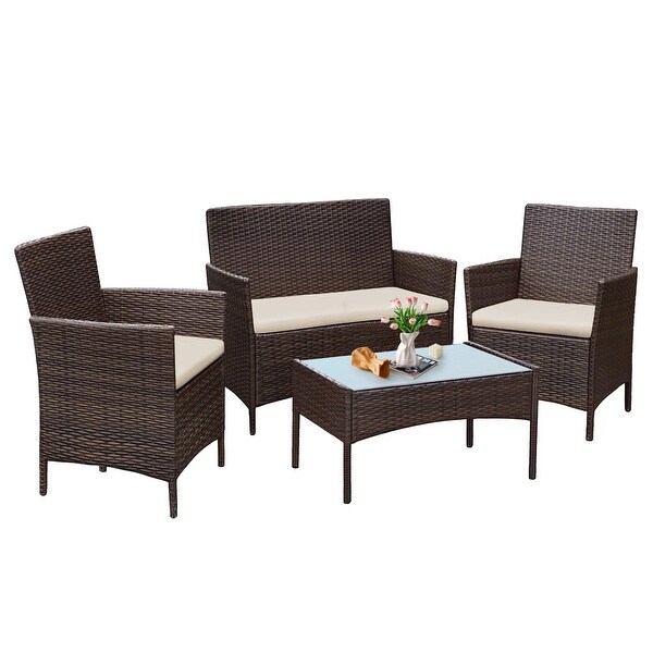 4 Piece Patio Conversation Wicker Furniture Set，Outdoor Rattan Sectional Furniture Set With Cushions