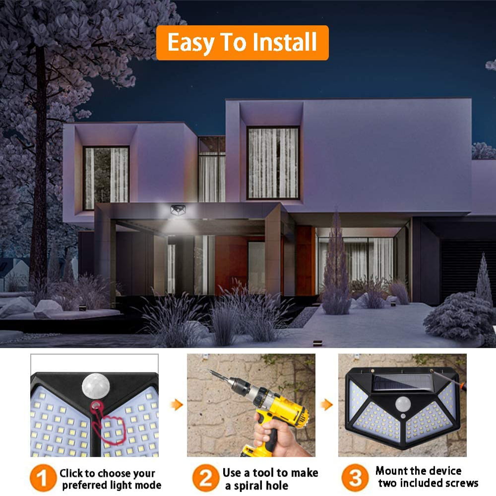 Solar Motion Sensor Lights，100 LEDs IP65 Waterproof Wall Light with 270 Degree Wide Angle