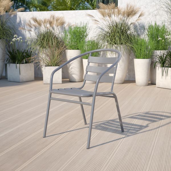 Lila Silver Metal Restaurant Stack Chair with Aluminum Slats