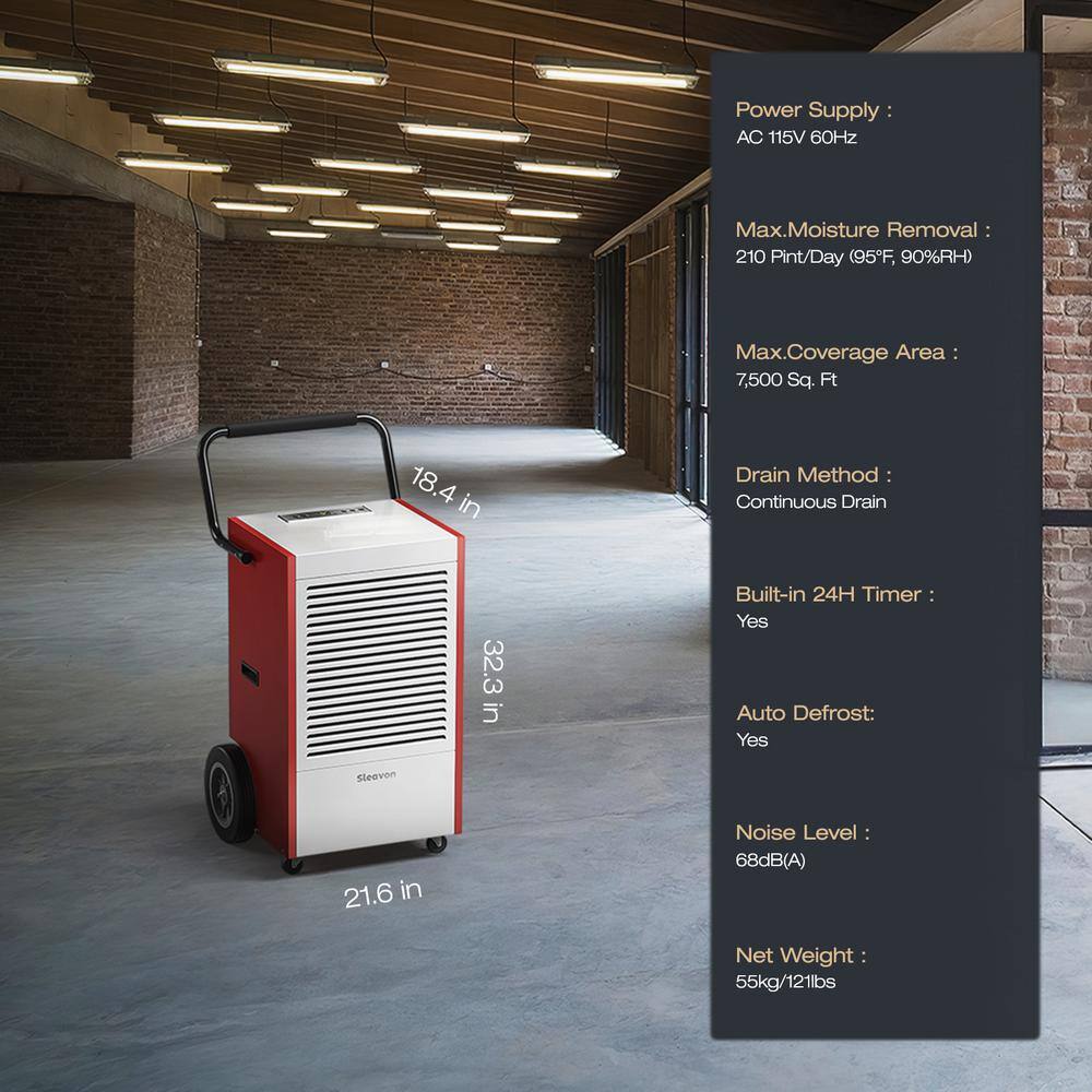 Sleavon 210-Pint large Commercial Grade Dehumidifier With 6.56 ft. Drain No Tank u\Up to 7500 sq. ft. Use Area Red HDCX-D037-1