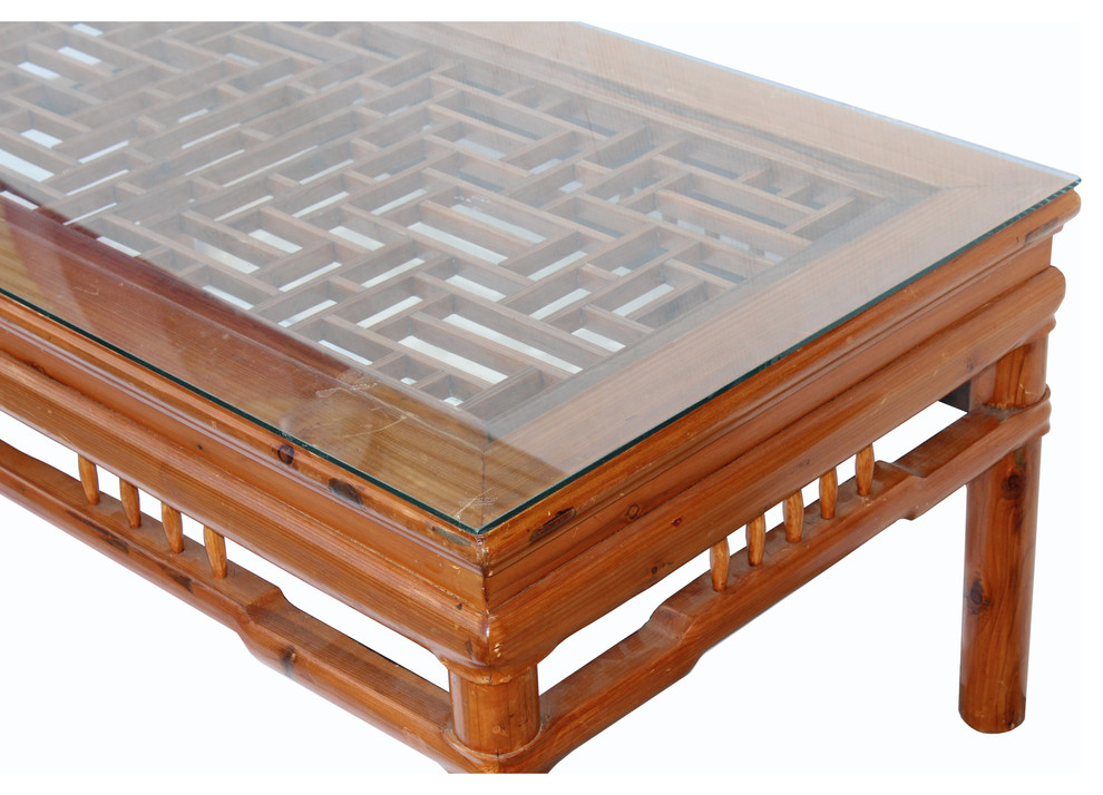 Rectangular Glass Top Coffee Table With Chinese Old Windows Panel Design   Asian   Coffee Tables   by Golden Lotus Antiques  Houzz