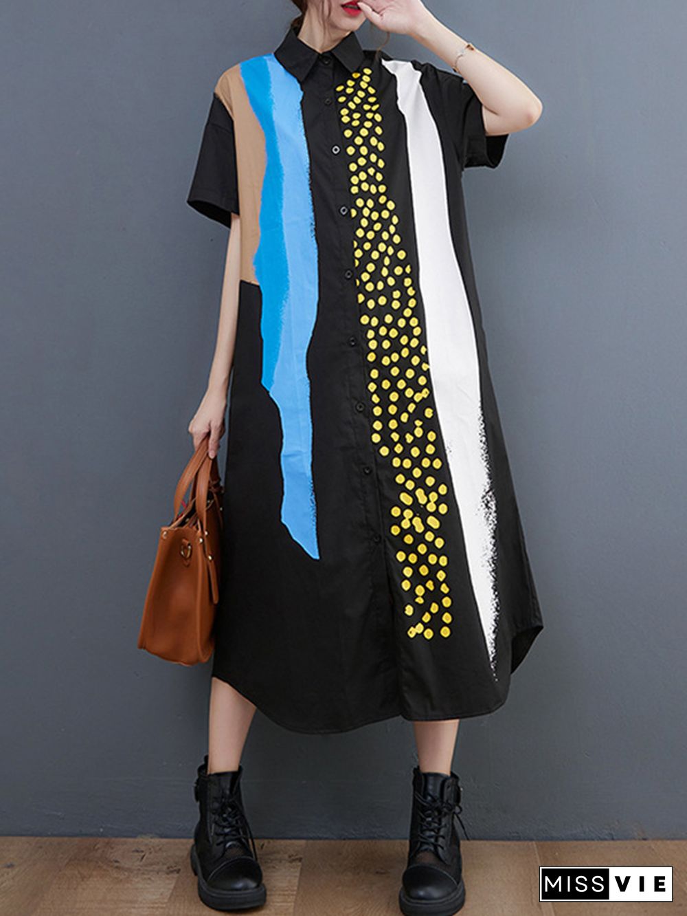 Artistic Retro Short Sleeves Loose Contrast Color Polka-Dot Lapel Collar Midi Shirt Dress