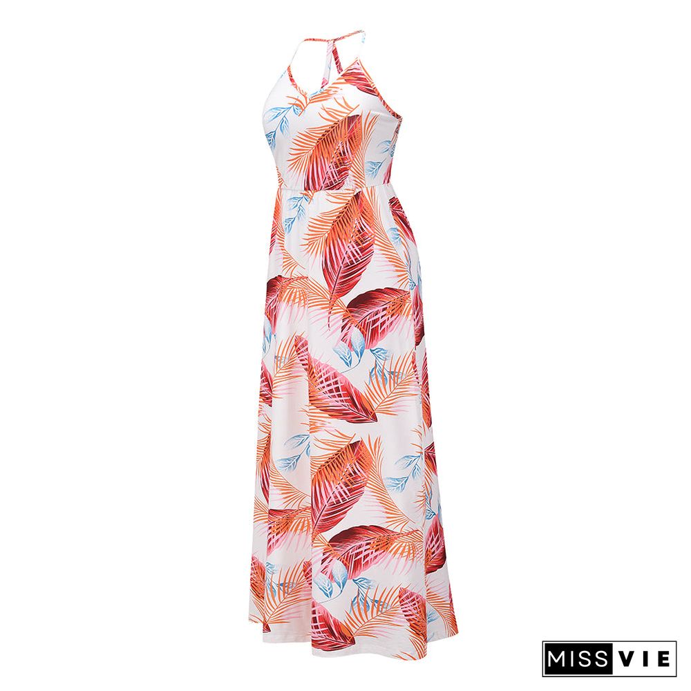 Sphaghetti Strap Leaf Print V Neck Long Beach Dress