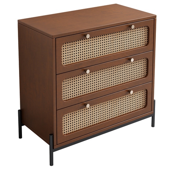 Modern Cannage Rattan Wood Closet 3-Drawer Chest Wood Storage Cabinet Sideboard - - 37970418