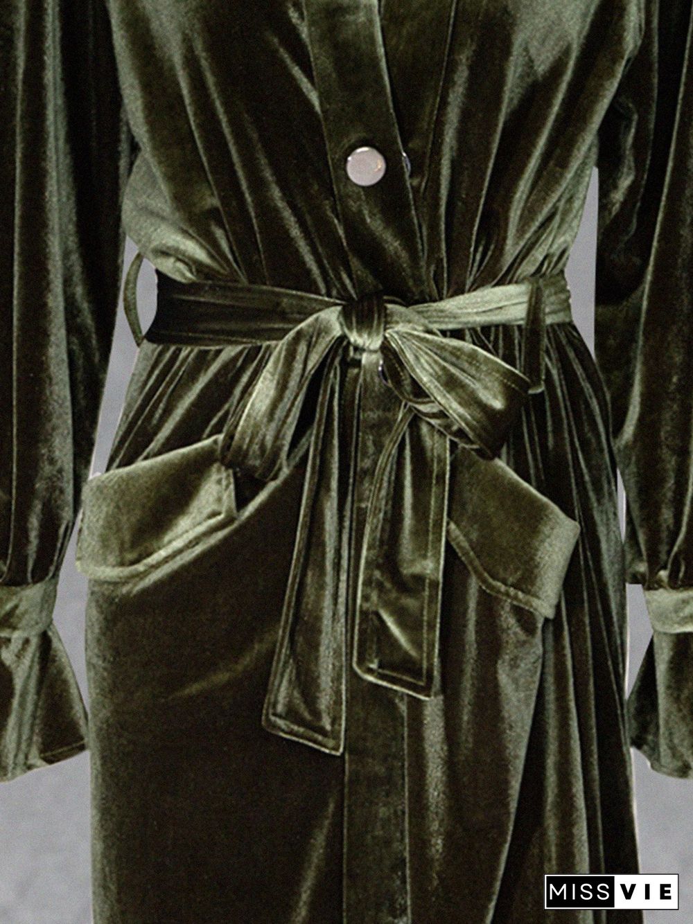 Olive Green Velvet Shirt Collar Vintage Plus Size Trench coat