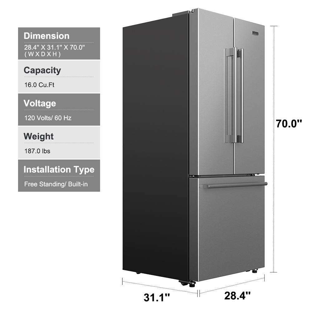 Galanz 29 in. W 16.0 cu. ft. French Door Refrigerator in Stainless Steel Ice Maker GLR16FS2K16