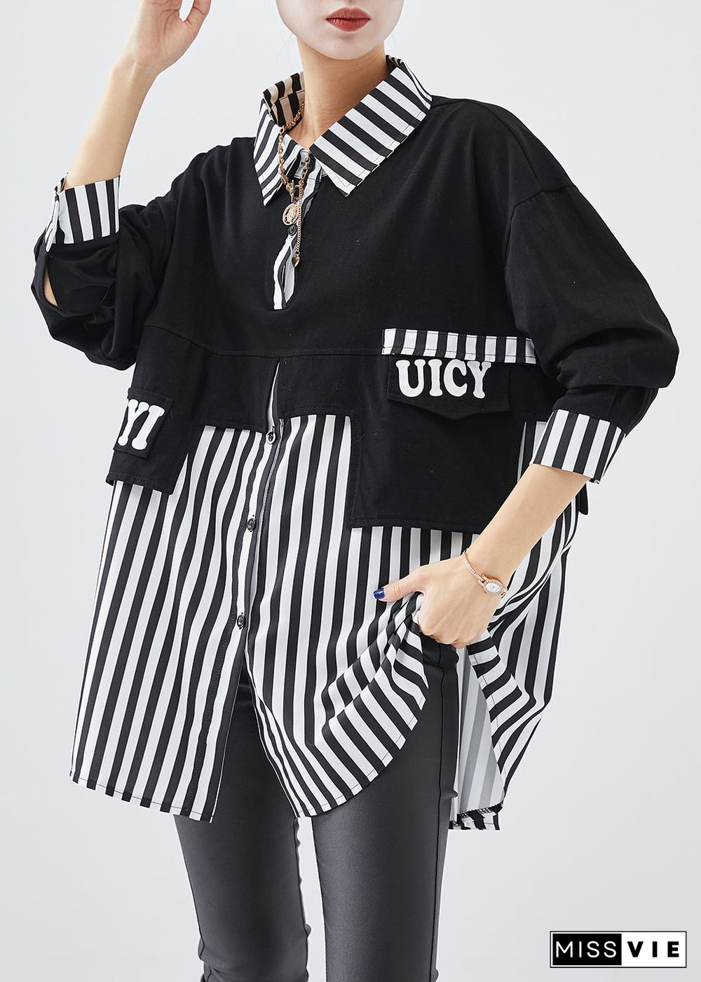 DIY Black Striped Patchwork Cotton Sweatshirt Streetwear Fall