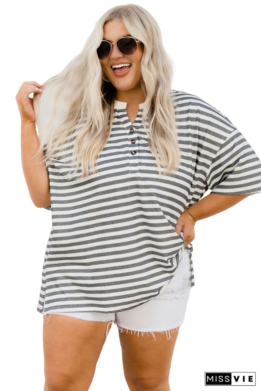 Plus Size Striped Short Sleeve Henley Tee