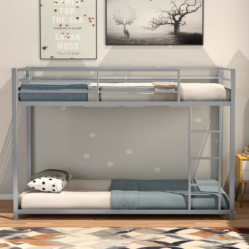 Metal Bunk Bed Twin Over Twin, Classic Bunk Bed Frame Platform with Side Ladder & Safety Guardrail