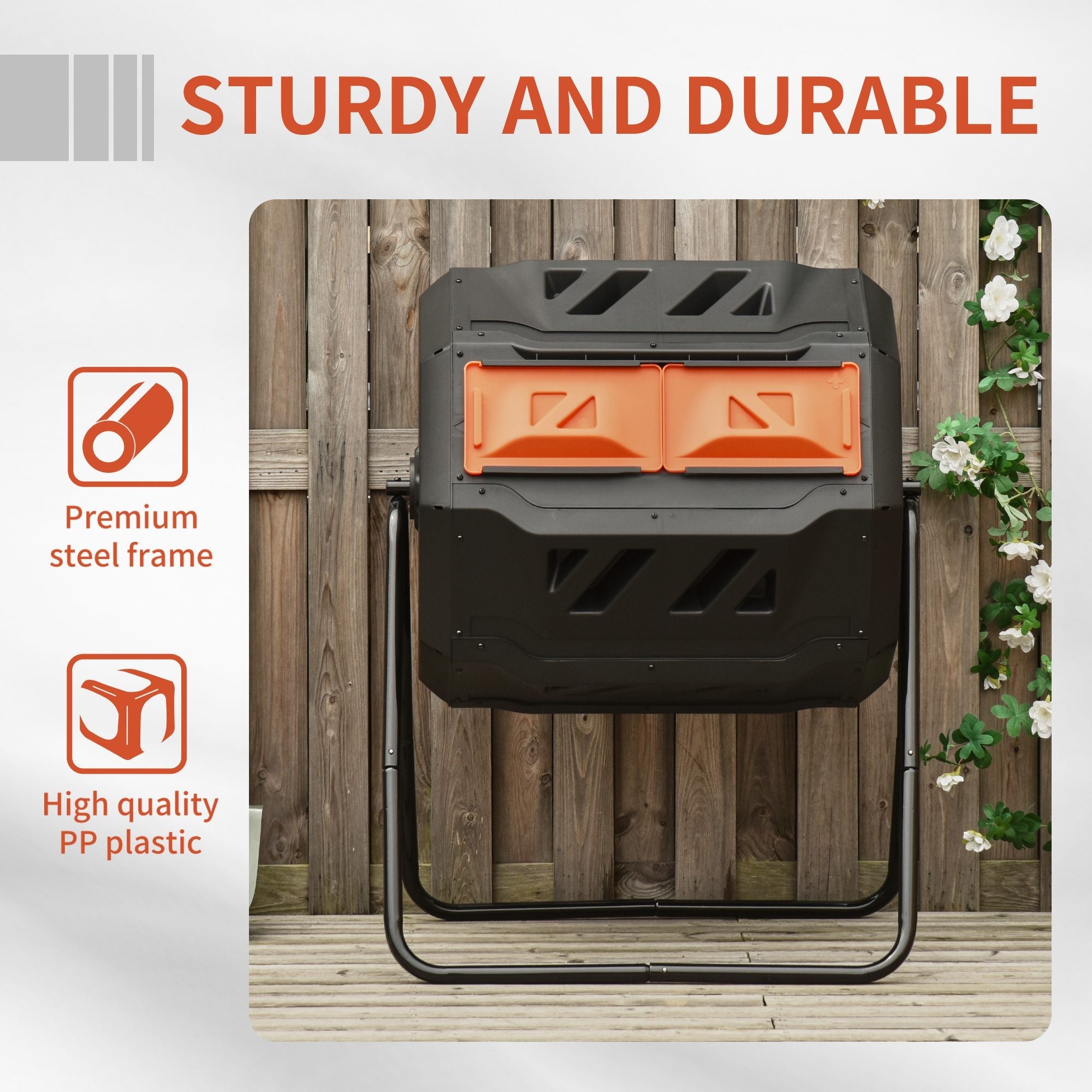 Outsunny Outdoor Tumbling Compost Bin w/ Dual Chamber, Sliding Doors, Orange