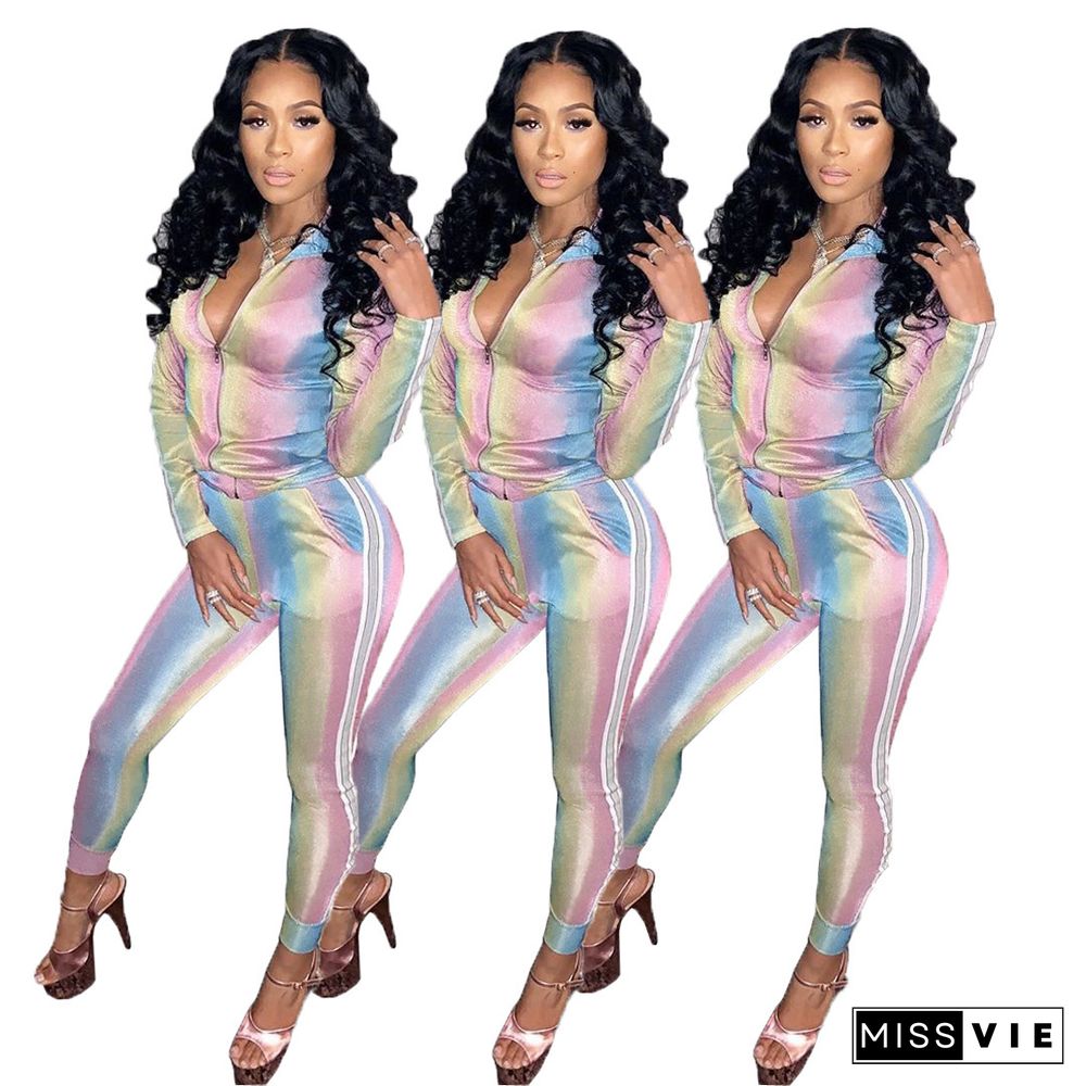 Fashion Printed Long Sleeves Tight 2 Pieces Pants Set